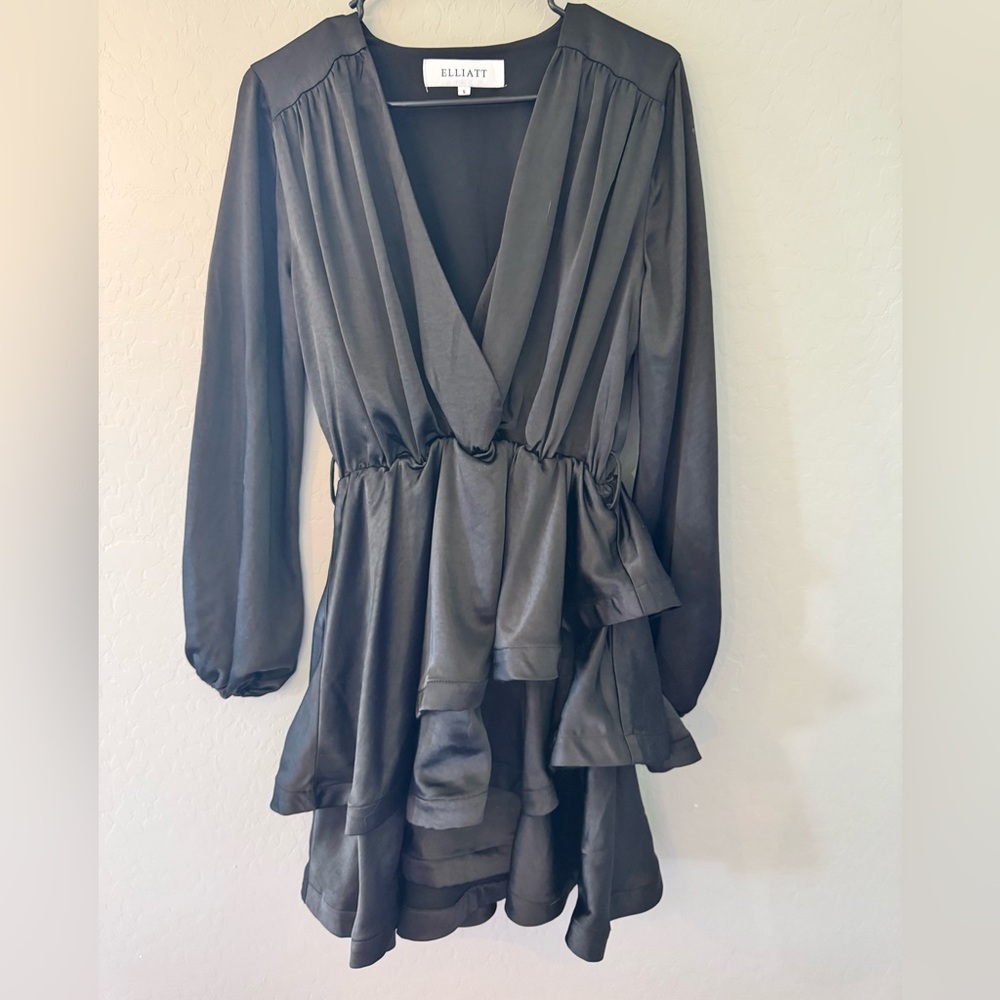 Elliatt Black Long-Sleeve Wrap Tiered Mini Dress